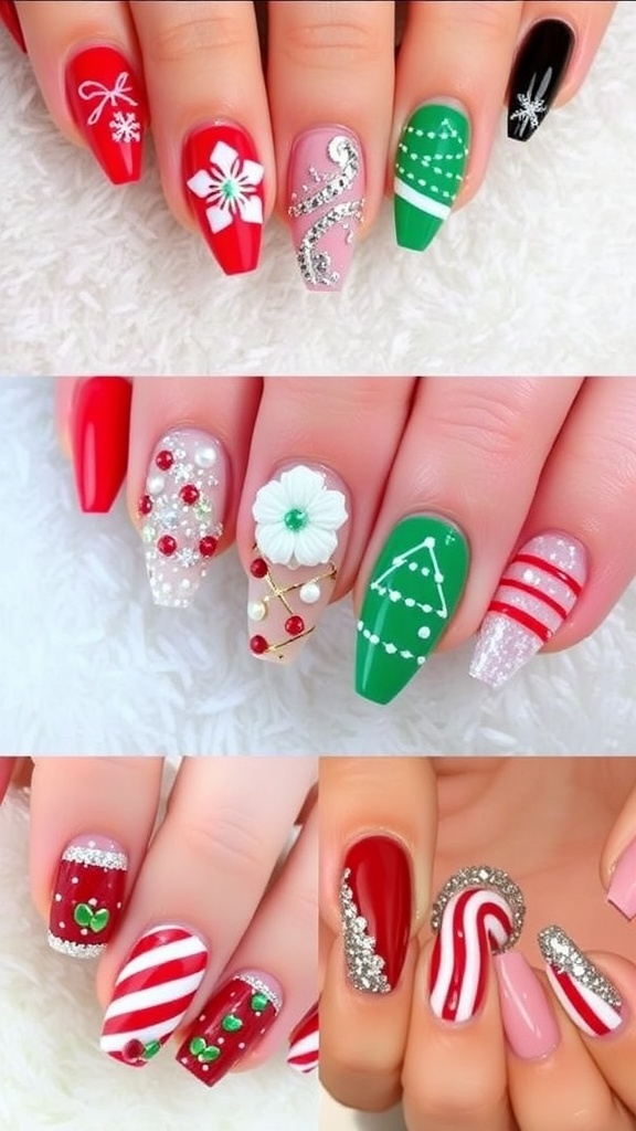 Festive Christmas Nail Art Designs for 2025 A display of festive Christmas nail art designs featuring red, green, snowflakes, and trees.